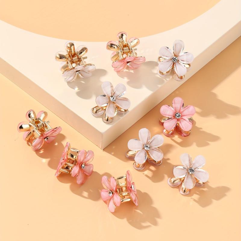 10pcs Pink Flower Rhinestone Hair Claw Ladies Clip Alloy Accessories