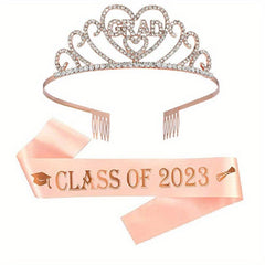 Rhinestone Alloy Tiara Graduation Crown With Belt Senior Year Gift