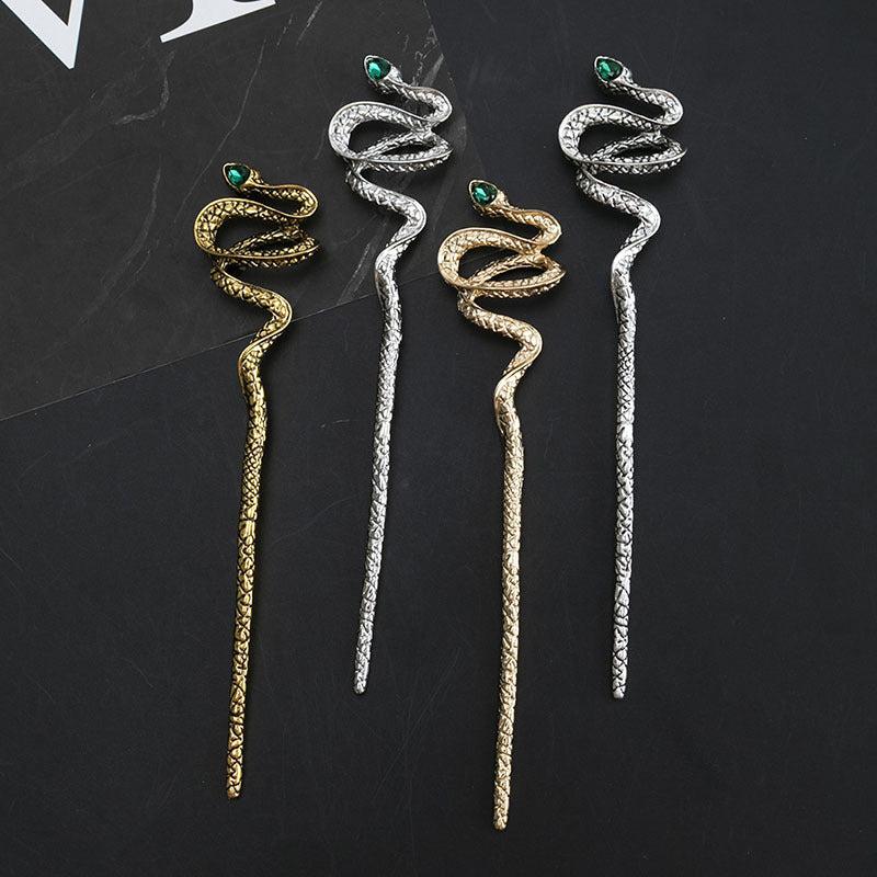 Snake Shape Crystal Hairpin Retro Metal Hair Stick Ponytail Holder