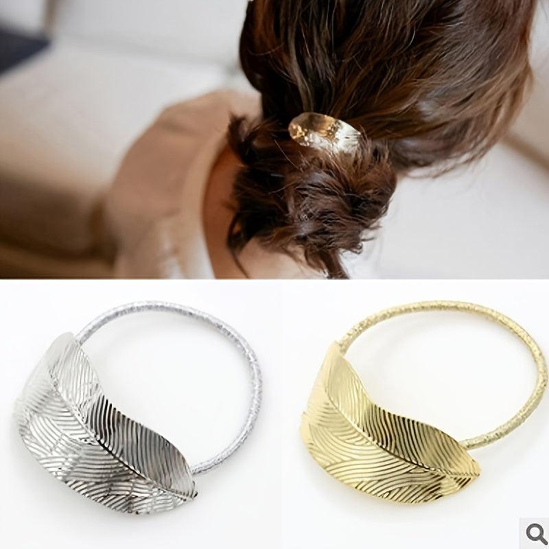 Metal Leaves Hair Elastics Ties Stretchy Rubber Bands Ponytail Holder