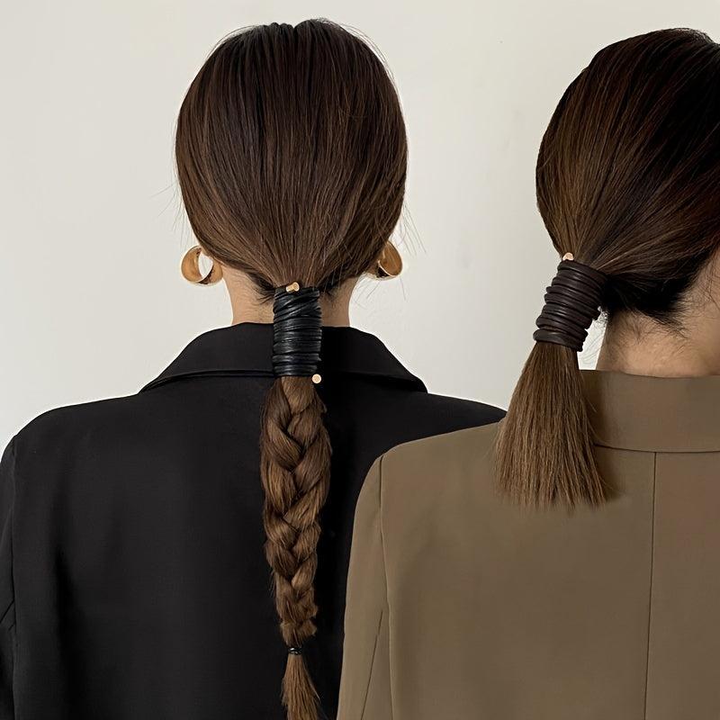 Long Leather Hair Elastics Ties Solid Stretchy Scrunchie Ponytail Holder