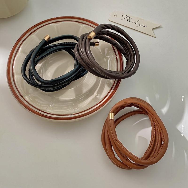 Long Leather Hair Elastics Ties Solid Stretchy Scrunchie Ponytail Holder