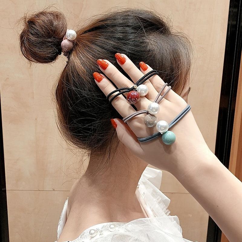 Adjustable Faux Pearl Elastic Rubber Band Solid Hair Tie