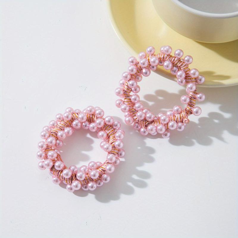 2pcs Faux Pearl Beaded Hair Tie Elastic Hair Ring