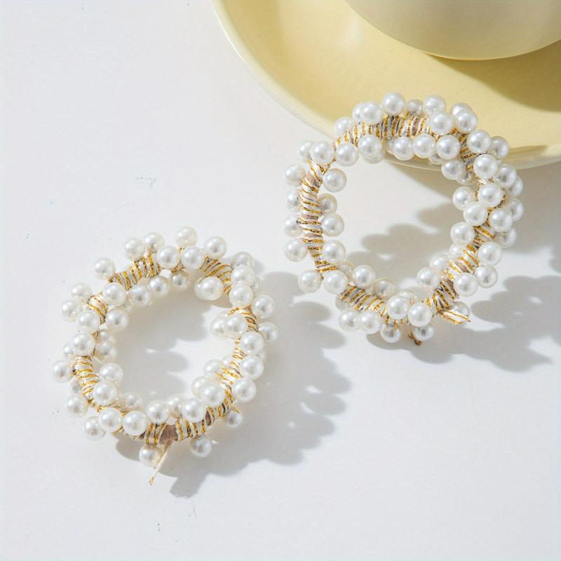 2pcs Faux Pearl Beaded Hair Tie Elastic Hair Ring
