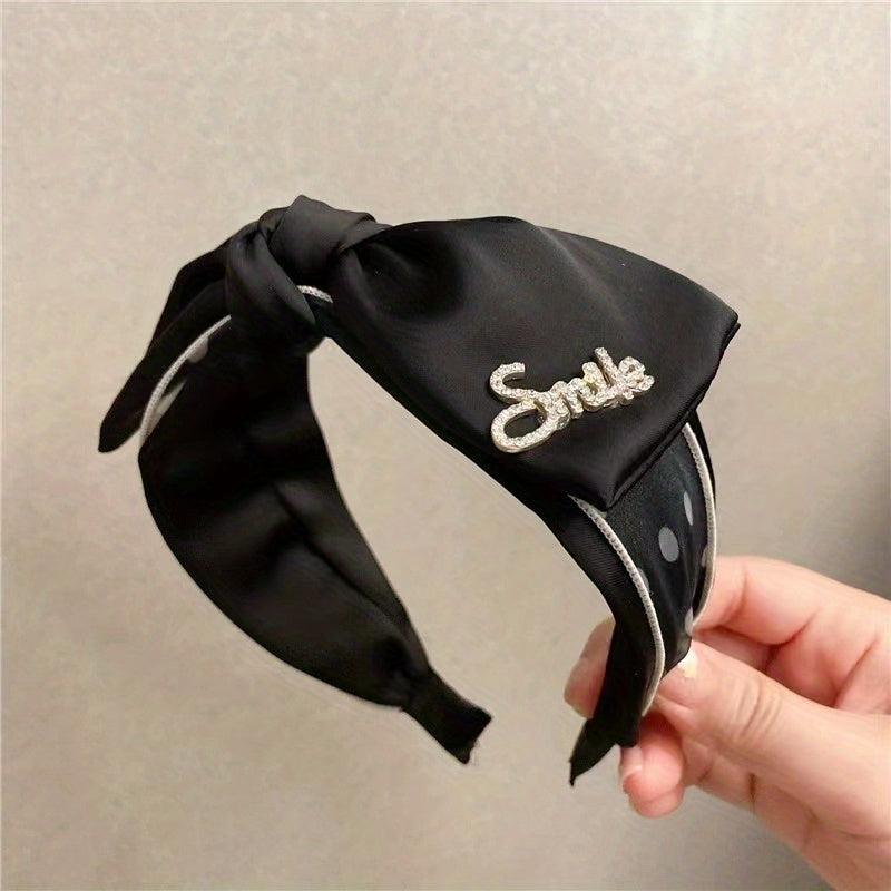 Rhinestone Headband Wide Brim Bow Hair Band Retro Letter Head