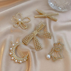 Vintage Geometric Hair Clips Set with Faux Pearl and Crystal Acrylic
