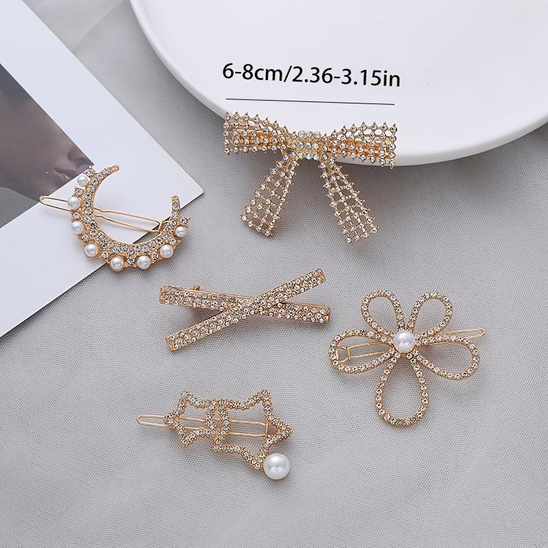 Vintage Geometric Hair Clips Set with Faux Pearl and Crystal Acrylic