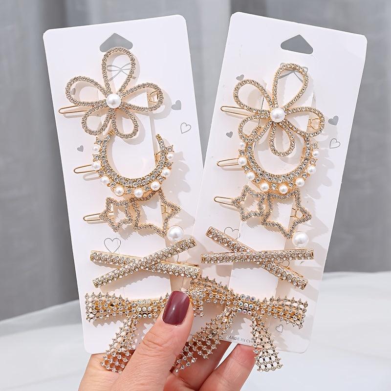 Vintage Geometric Hair Clips Set with Faux Pearl and Crystal Acrylic