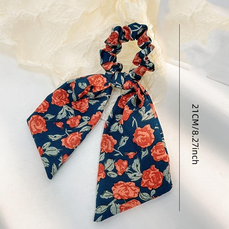 Floral Bowknot Hair Scarf Scrunchies Elastic Hair Tie Ponytail Holder