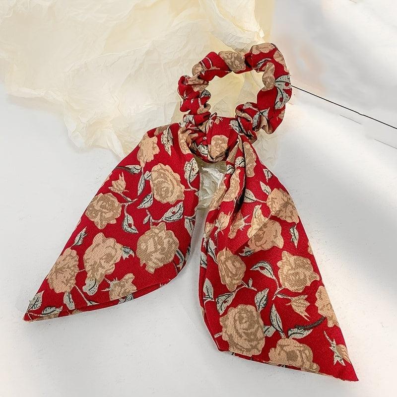 Floral Bowknot Hair Scarf Scrunchies Elastic Hair Tie Ponytail Holder