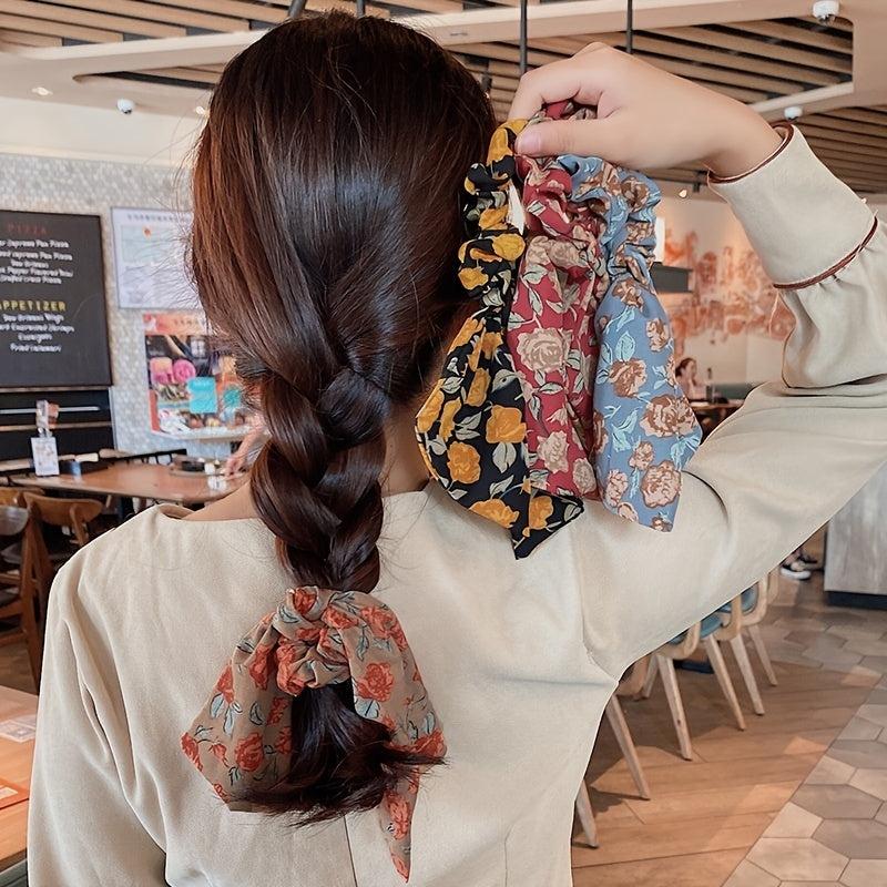 Floral Bowknot Hair Scarf Scrunchies Elastic Hair Tie Ponytail Holder