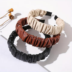 3pcs PU Leather Headband For Women Pleated Hair Band Solid Headdress