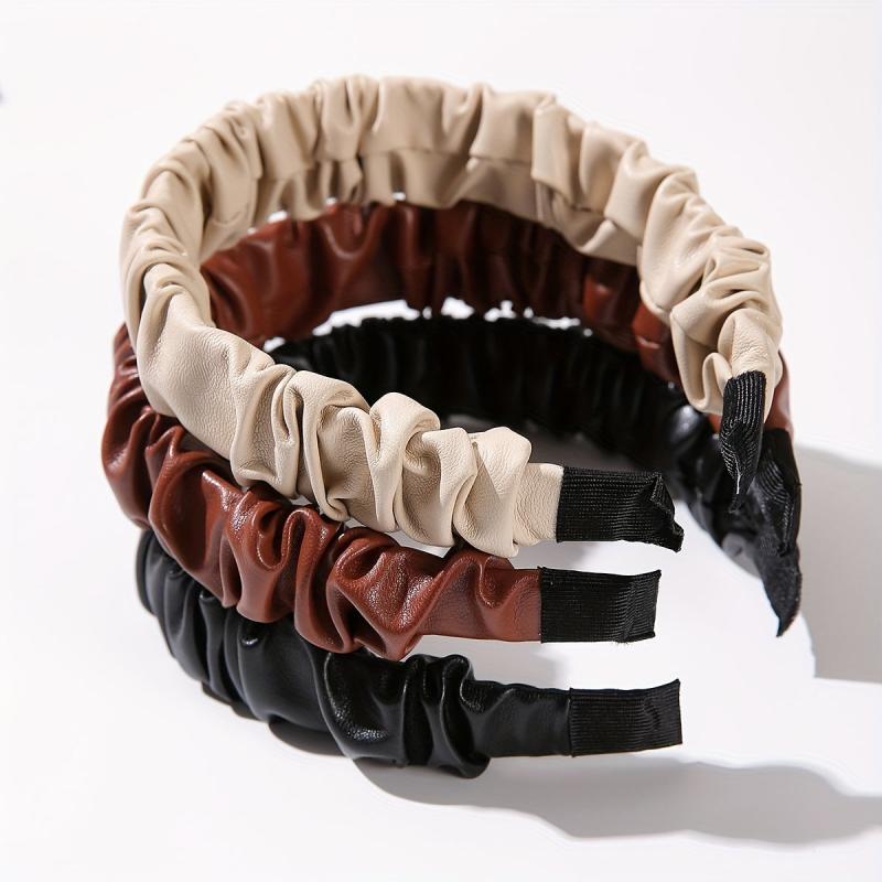 3pcs PU Leather Headband For Women Pleated Hair Band Solid Headdress