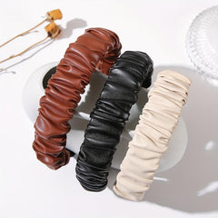 3pcs PU Leather Headband For Women Pleated Hair Band Solid Headdress