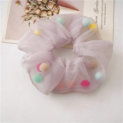 Colorful Pom Pom Mesh Hair Scrunchies Hair Bobbles Elastics