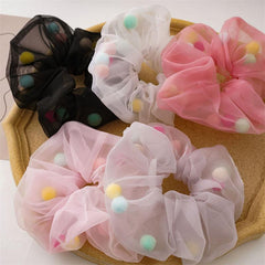 Colorful Pom Pom Mesh Hair Scrunchies Hair Bobbles Elastics