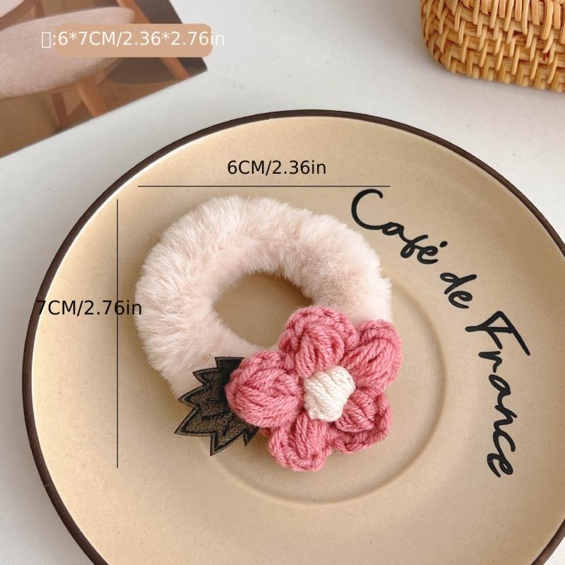 2 Pcs Fluffy Knitted Flowers Hair Tie Hair Rope for Girls
