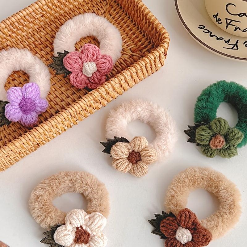 2 Pcs Fluffy Knitted Flowers Hair Tie Hair Rope for Girls