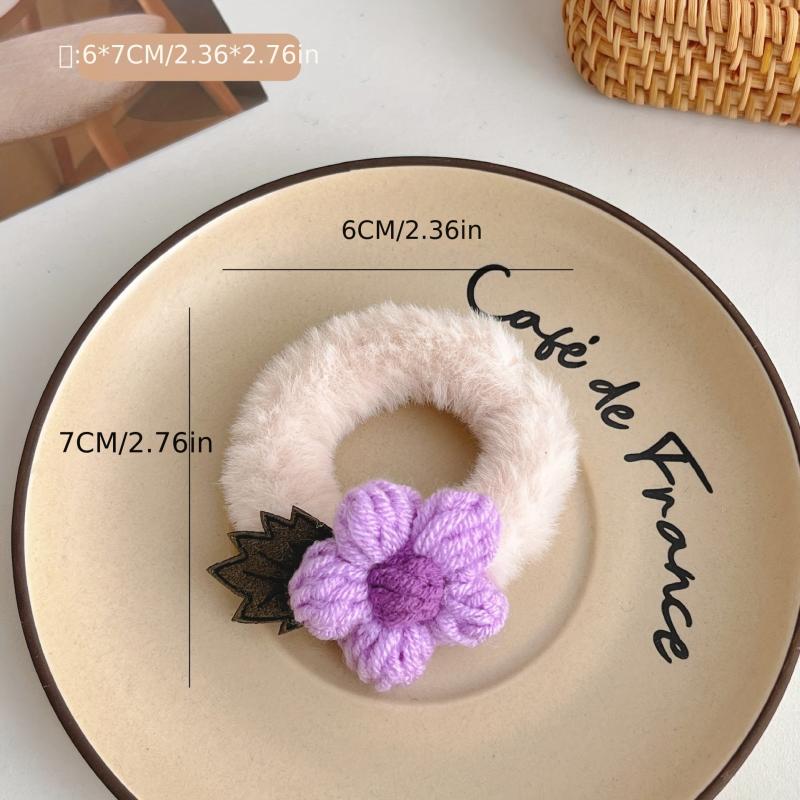2 Pcs Fluffy Knitted Flowers Hair Tie Hair Rope for Girls
