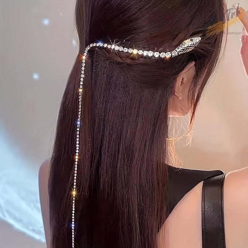 Snake Shape Hair Clip With Long Rhinestone Tassel Gothic Style Hair Accessories