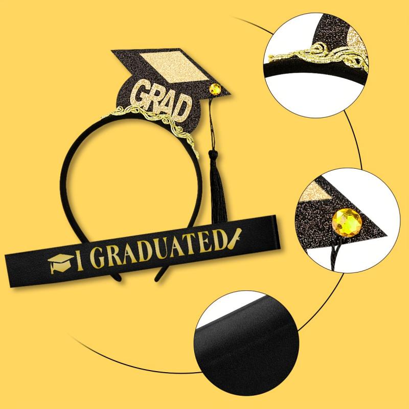 Graduation Decoration Set Sequin Headband Sash Bachelor Hat Satin Sash