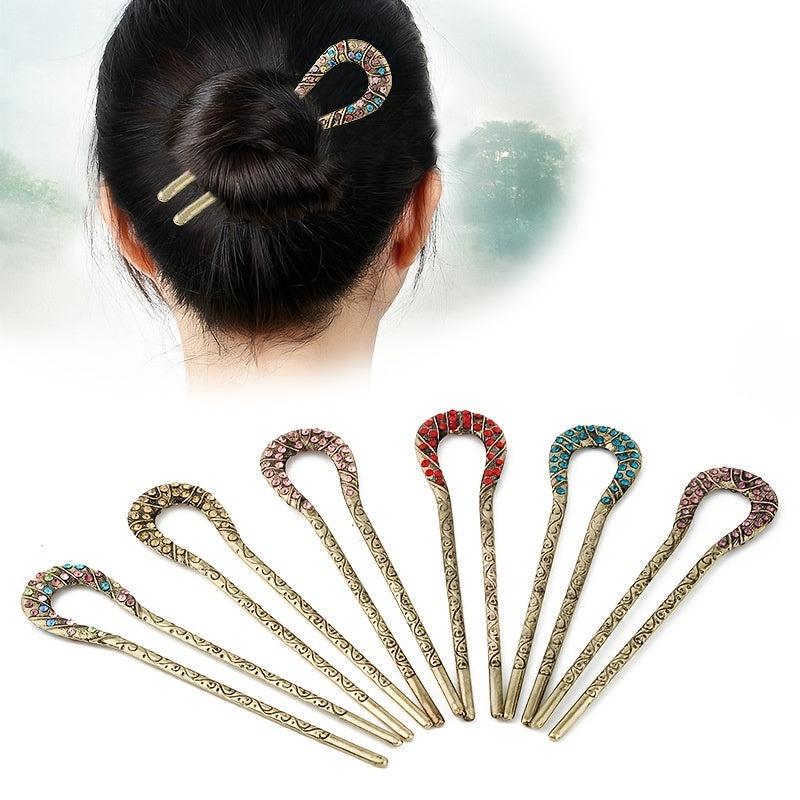 Vintage Golden Rhinestone Hairpin for Hanfu Updo