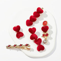 5pcs Red Rhinestone Velvet Love Hairclip Set