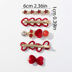 5pcs Red Rhinestone Velvet Love Hairclip Set