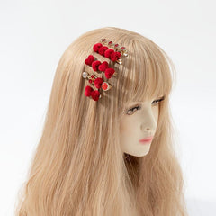5pcs Red Rhinestone Velvet Love Hairclip Set