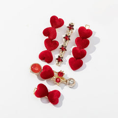 5pcs Red Rhinestone Velvet Love Hairclip Set