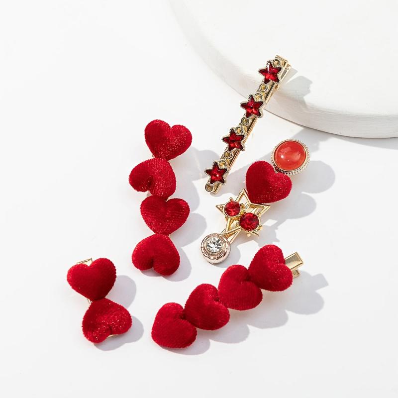 5pcs Red Rhinestone Velvet Love Hairclip Set