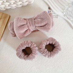 Soft Microfiber Coral Fleece Bow Headband Wristband Set