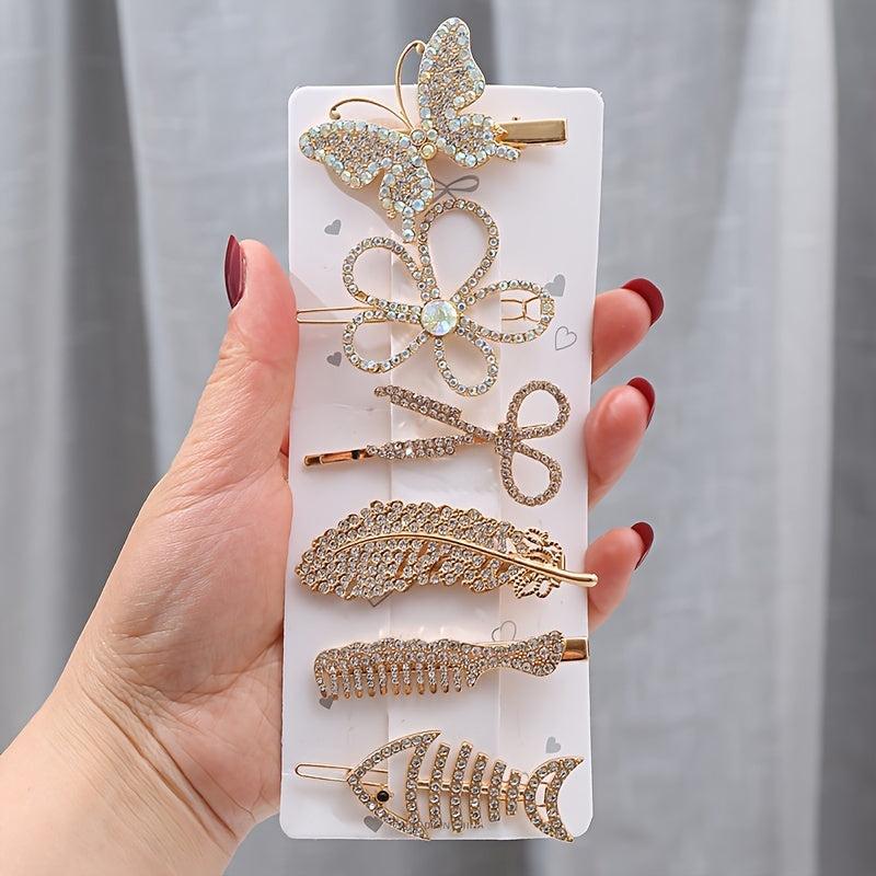 6Pcs Faux Pearl Butterfly Hairpin Crystal Acrylic Hair Clips Vintage Barrettes