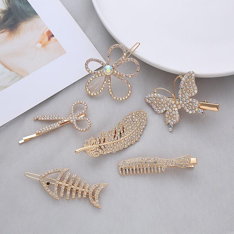 6Pcs Faux Pearl Butterfly Hairpin Crystal Acrylic Hair Clips Vintage Barrettes