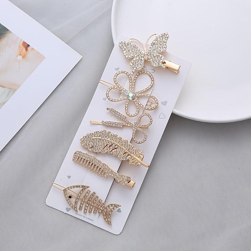 6Pcs Faux Pearl Butterfly Hairpin Crystal Acrylic Hair Clips Vintage Barrettes