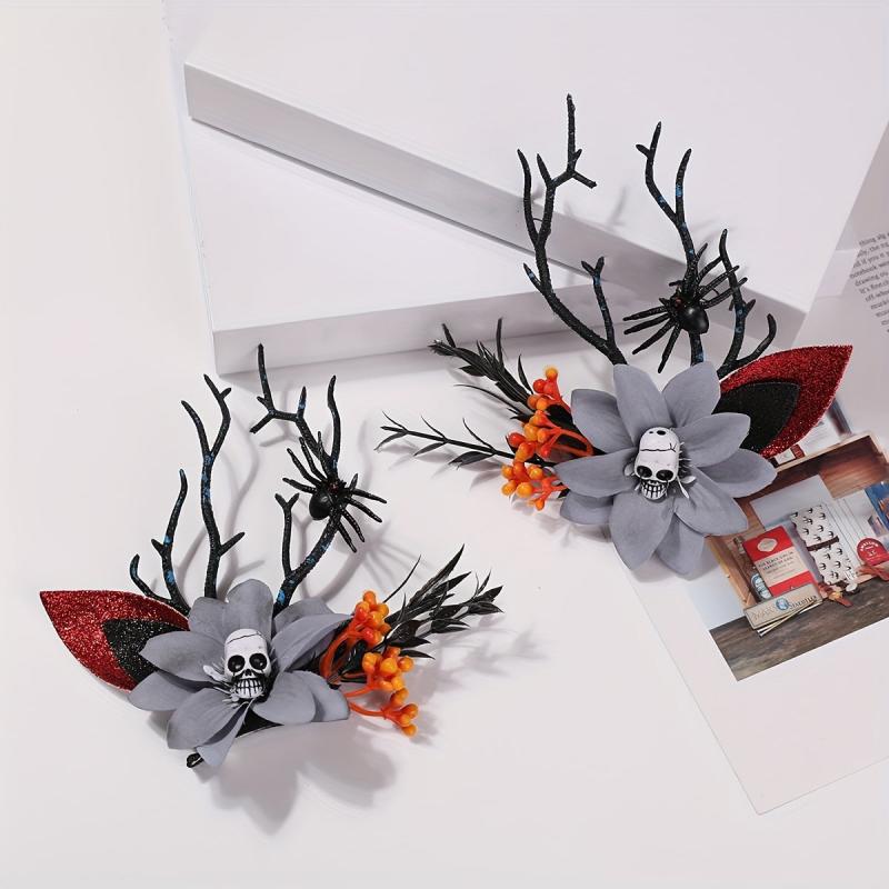 2pcs Halloween Antlers Skull Hair Clips Elk Horn Floral Headwear