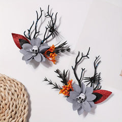 2pcs Halloween Antlers Skull Hair Clips Elk Horn Floral Headwear