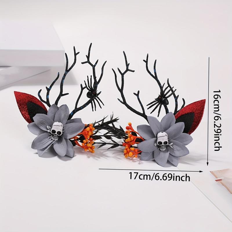 2pcs Halloween Antlers Skull Hair Clips Elk Horn Floral Headwear