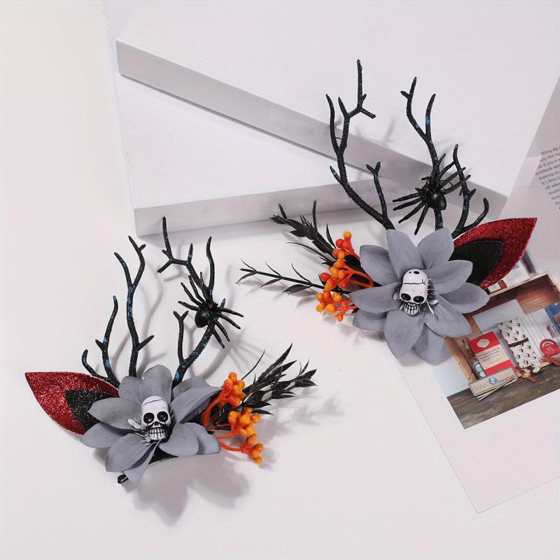 2pcs Halloween Antlers Skull Hair Clips Elk Horn Floral Headwear