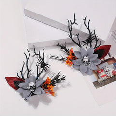 2pcs Halloween Antlers Skull Hair Clips Elk Horn Floral Headwear