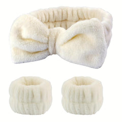 3pcs Plush Hairband Wristband Set for Face Spa, Make Up, Hair