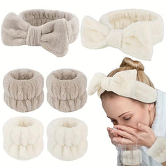 3pcs Plush Hairband Wristband Set for Face Spa, Make Up, Hair