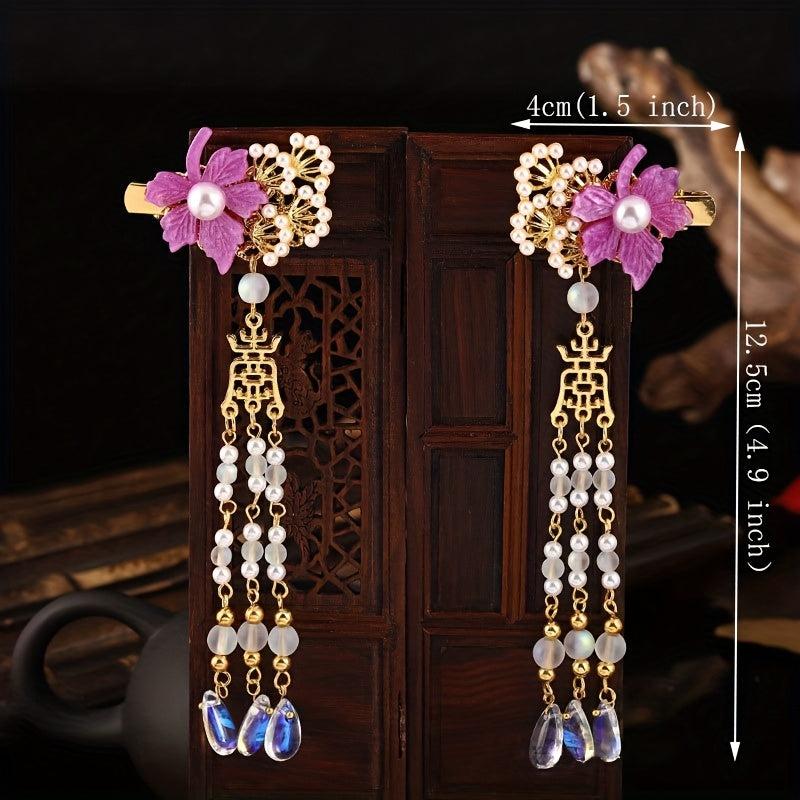 Maple Leaf Hair Clip Faux Pearl Beaded Pendant Ancient Costume Accessory