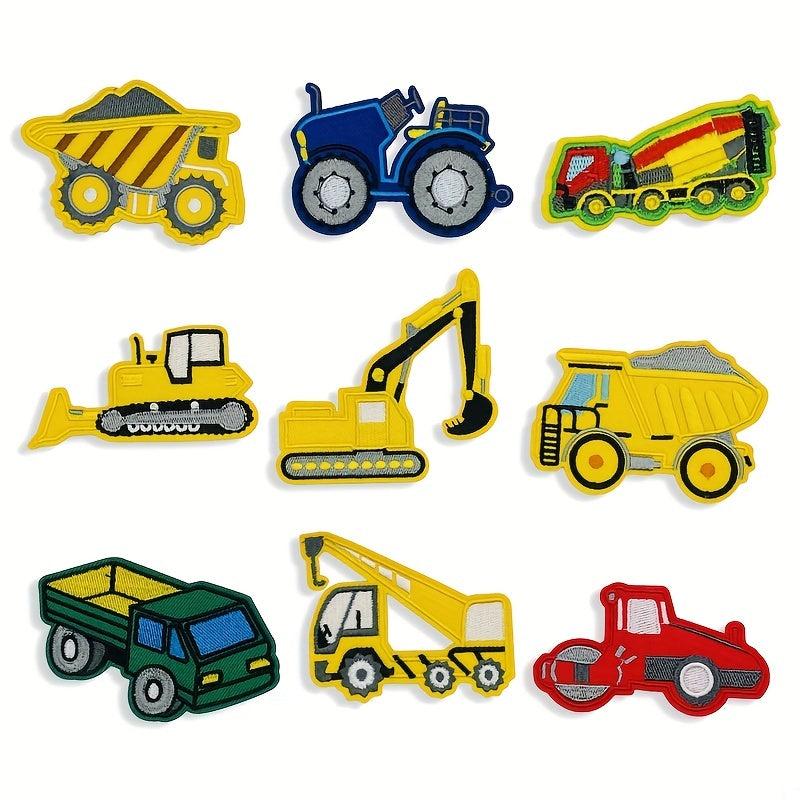 9pcs Construction Vehicle Patch Stickers Excavator Mixer Crane Bulldo
