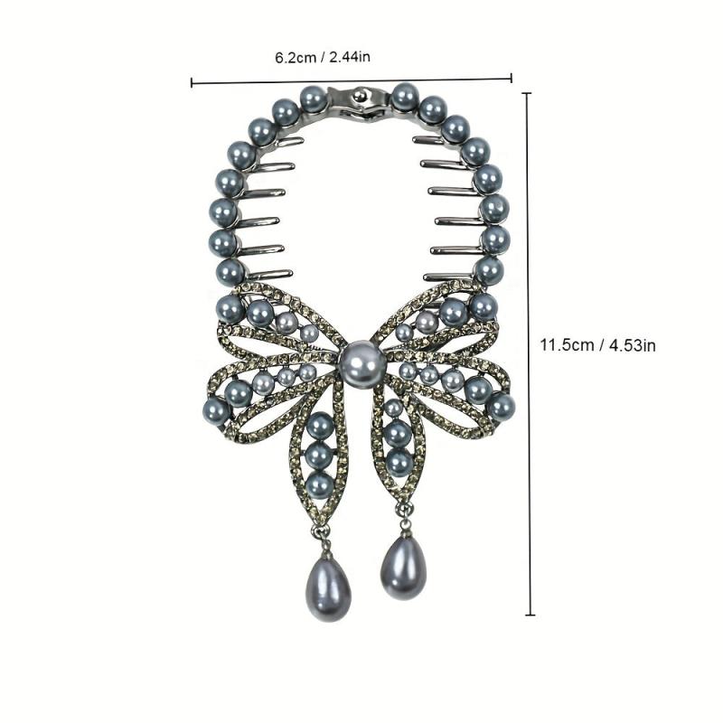 Faux Pearl Butterfly Hair Claw Clip Rhinestone Bun Clip