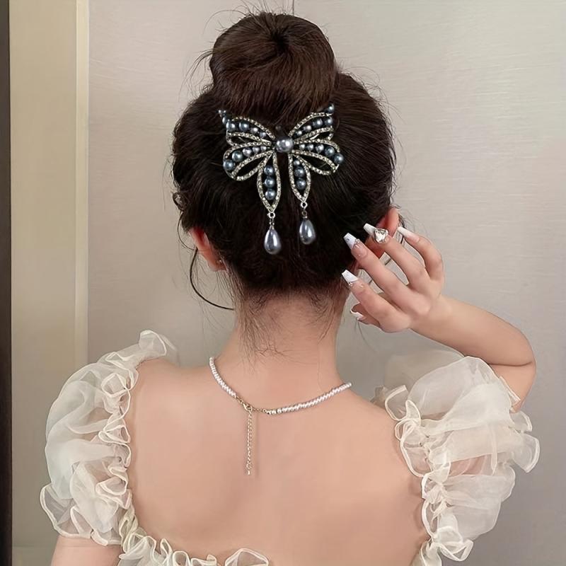 Faux Pearl Butterfly Hair Claw Clip Rhinestone Bun Clip
