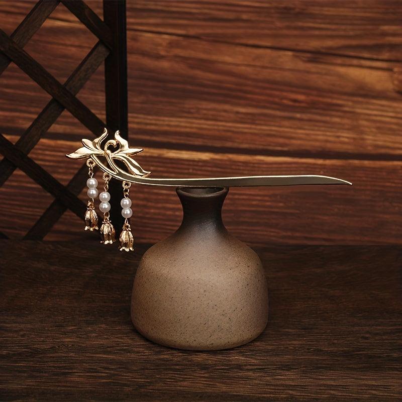 Vintage Flower Hairpin with Faux Pearl Pendant Hair Stick