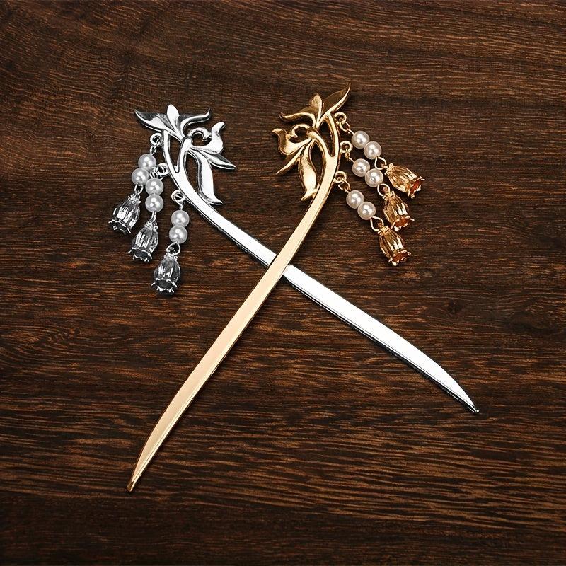 Vintage Flower Hairpin with Faux Pearl Pendant Hair Stick