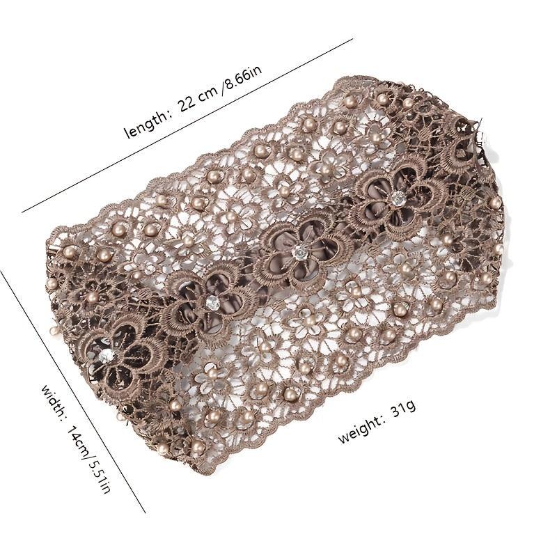 Embroidered Flower Snow Yarn Wide Turban Lace Elastic Hair Band